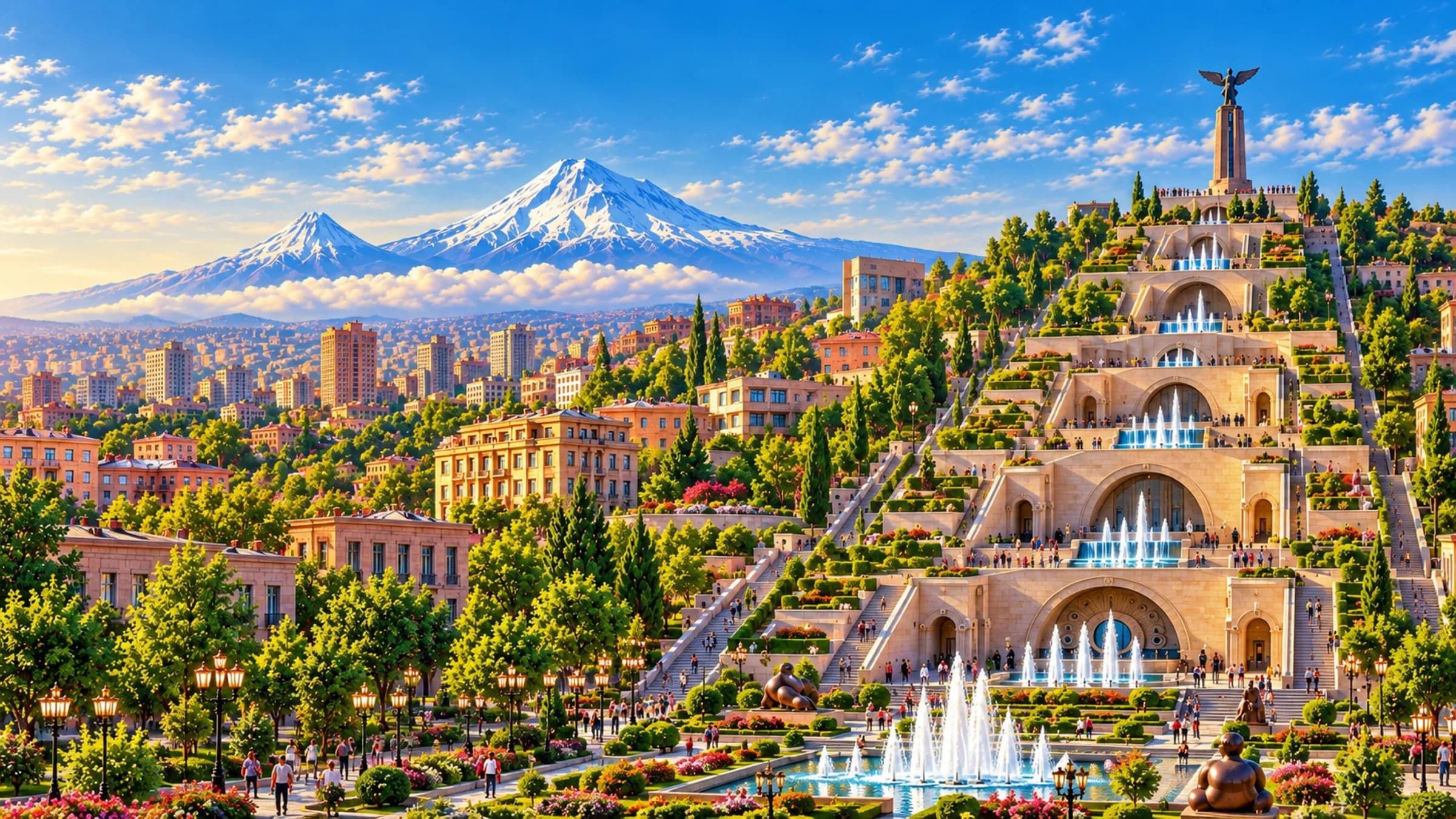 The Cascade in Yerevan by day, its terraces and fountains rising to the monument at the top, with Mount Ararat behind the city.