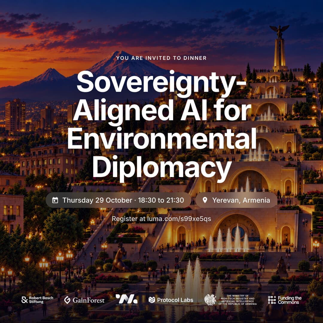 Invitation: Sovereignty-Aligned AI for Environmental Diplomacy Dinner, Thursday 29 October 2026, 18:30 to 21:30, Yerevan.