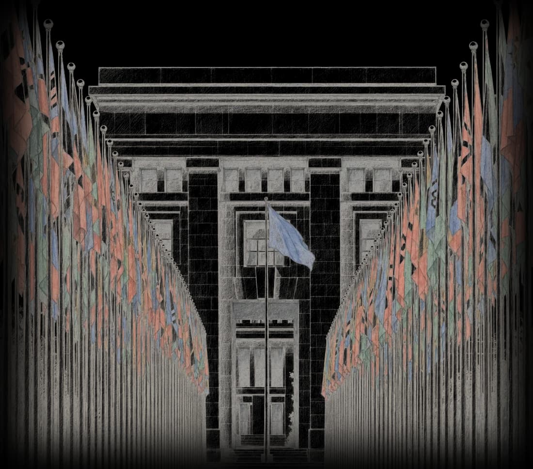 A graphite drawing of the flag plaza outside a United Nations headquarters, rank after rank of flagpoles running back across the square.